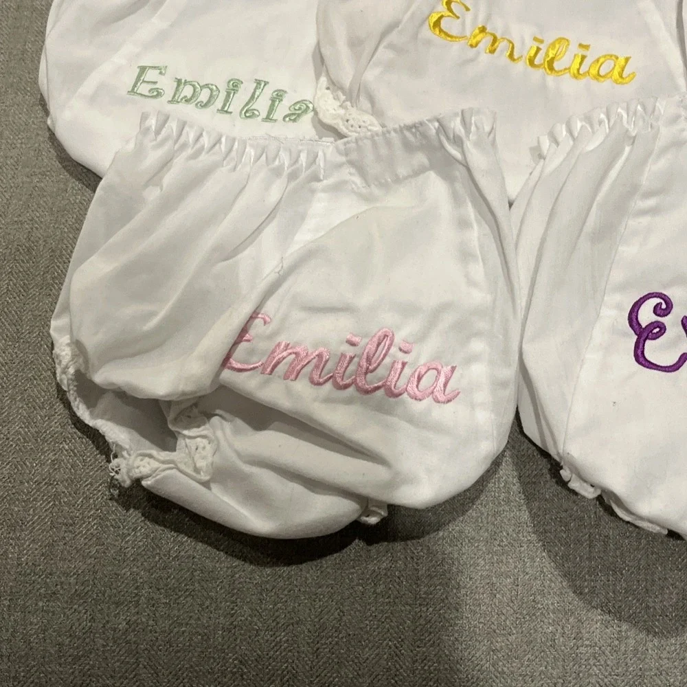 Monogrammed Emilia Baby Bloomers Size 2 +4 White Lace Trim, Set Of 8, New